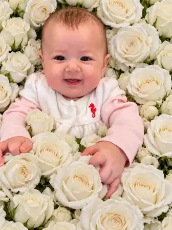 Little Squabbie smiling in pale pink and white clothing, nestled among cream-white roses.
