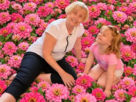 Connie and Lila Sunshine smiling together, surrounded by a garden of pink zinnias.