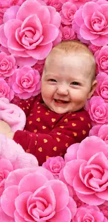 Lila Sunshine smiling in a red outfit with golden hearts, nestled in a pink blanket and surrounded by soft pink camellia blossoms.
