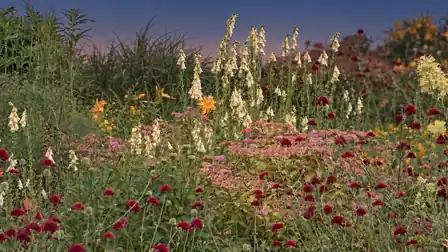 Cream flower spires, burgundy blossoms and fine grasses beneath a dusky sky
