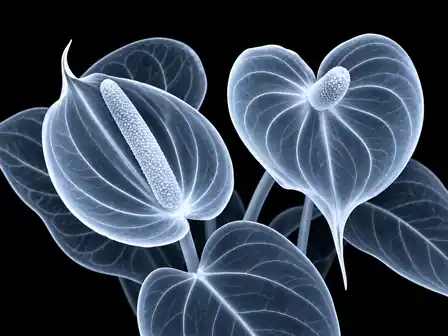 Two translucent white anthurium spathes and their spadices, with luminous veins and leaves against black.