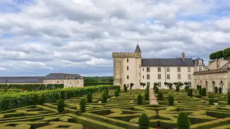 Geometric clipped hedges and shaped topiary in front of Château de Villandry and its square keep.