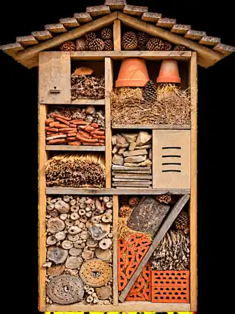 A wooden insect hotel with a pitched roof and compartments of pinecones, straw, hollow reeds, wood, stone, and terracotta, isolated on a transparent background.